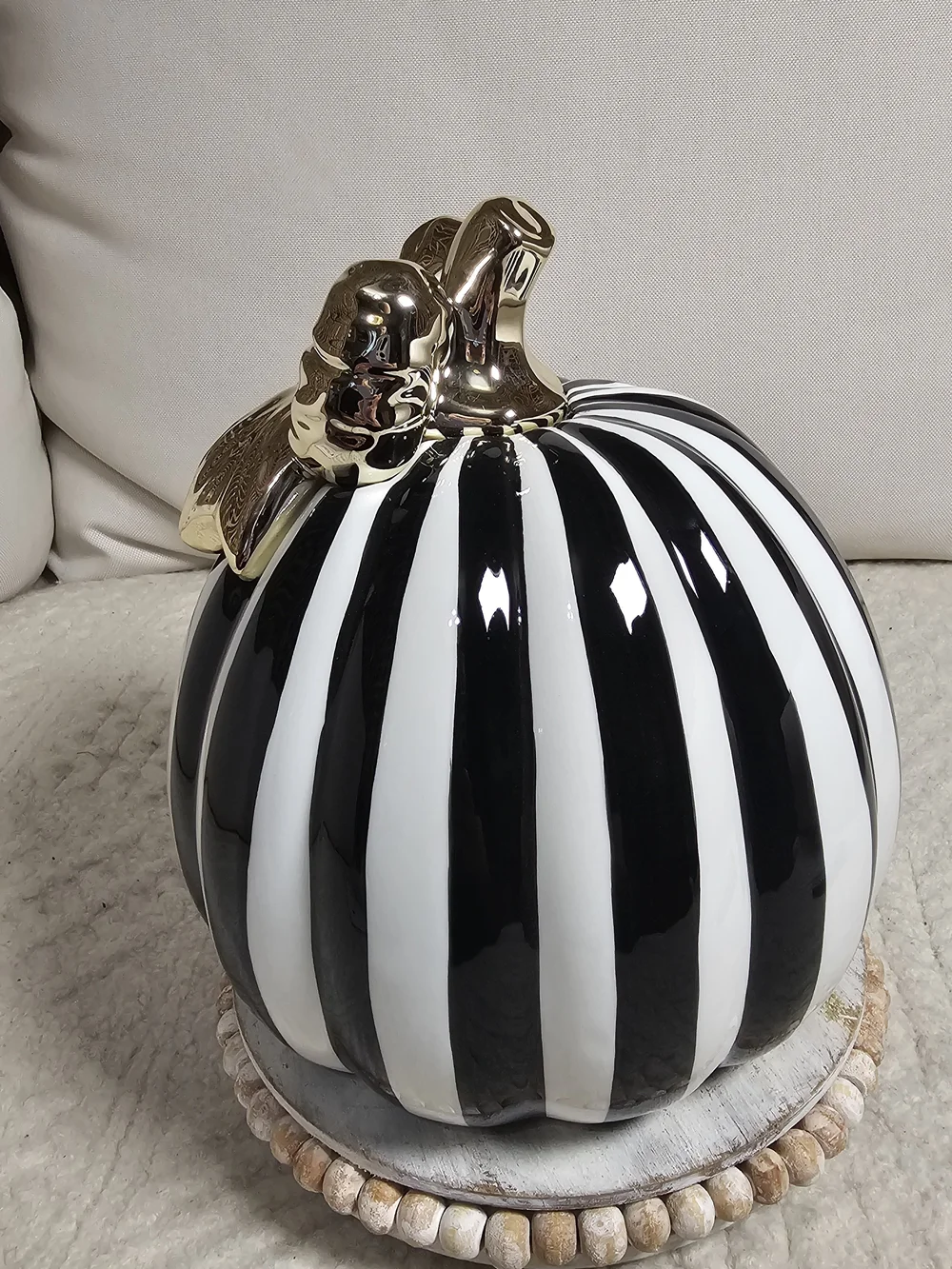 Black and White Striped Decorative Pumpkin with Gold Bow 8
